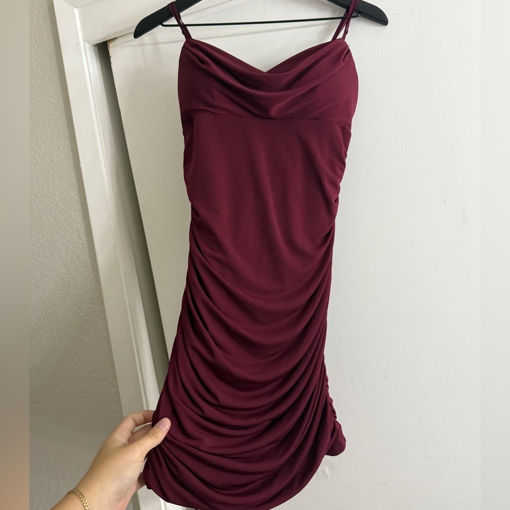 Emerald Sundae Elegant Burgundy Draped Mini Dress